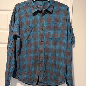 Patagonia Teal and Brown Plaid Long-Sleeve Button-Down Shirt